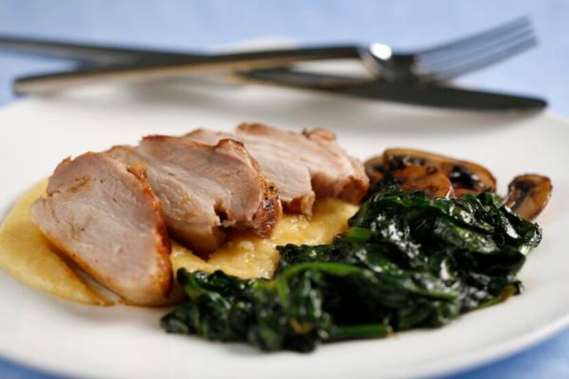 
For an easy meal, heat pork belly and and serve with polenta, spinach and mushrooms. 

