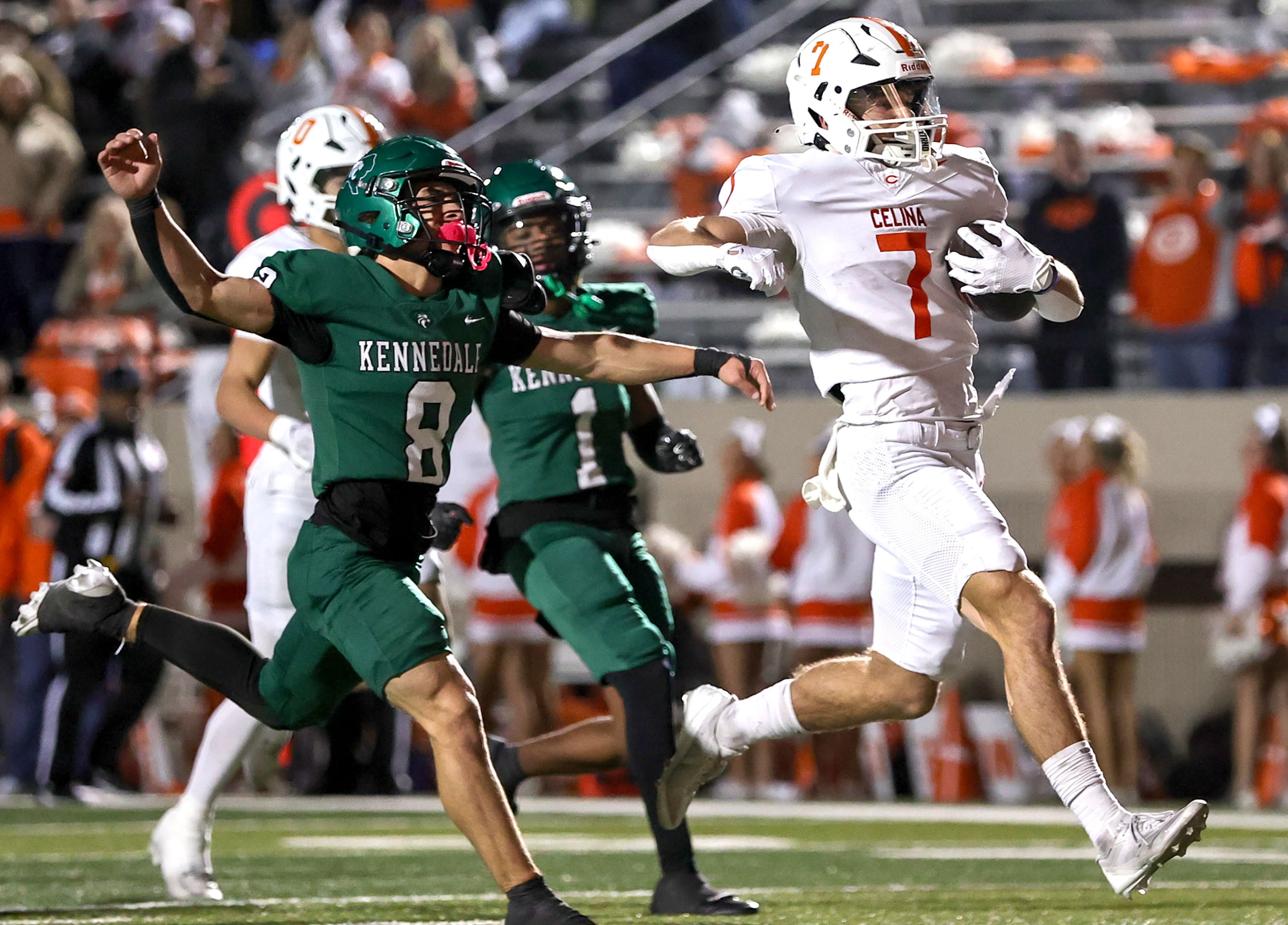 Celina running back Harrison Williams (7) get past Kennedale cornerback Riley Bingham (8)...