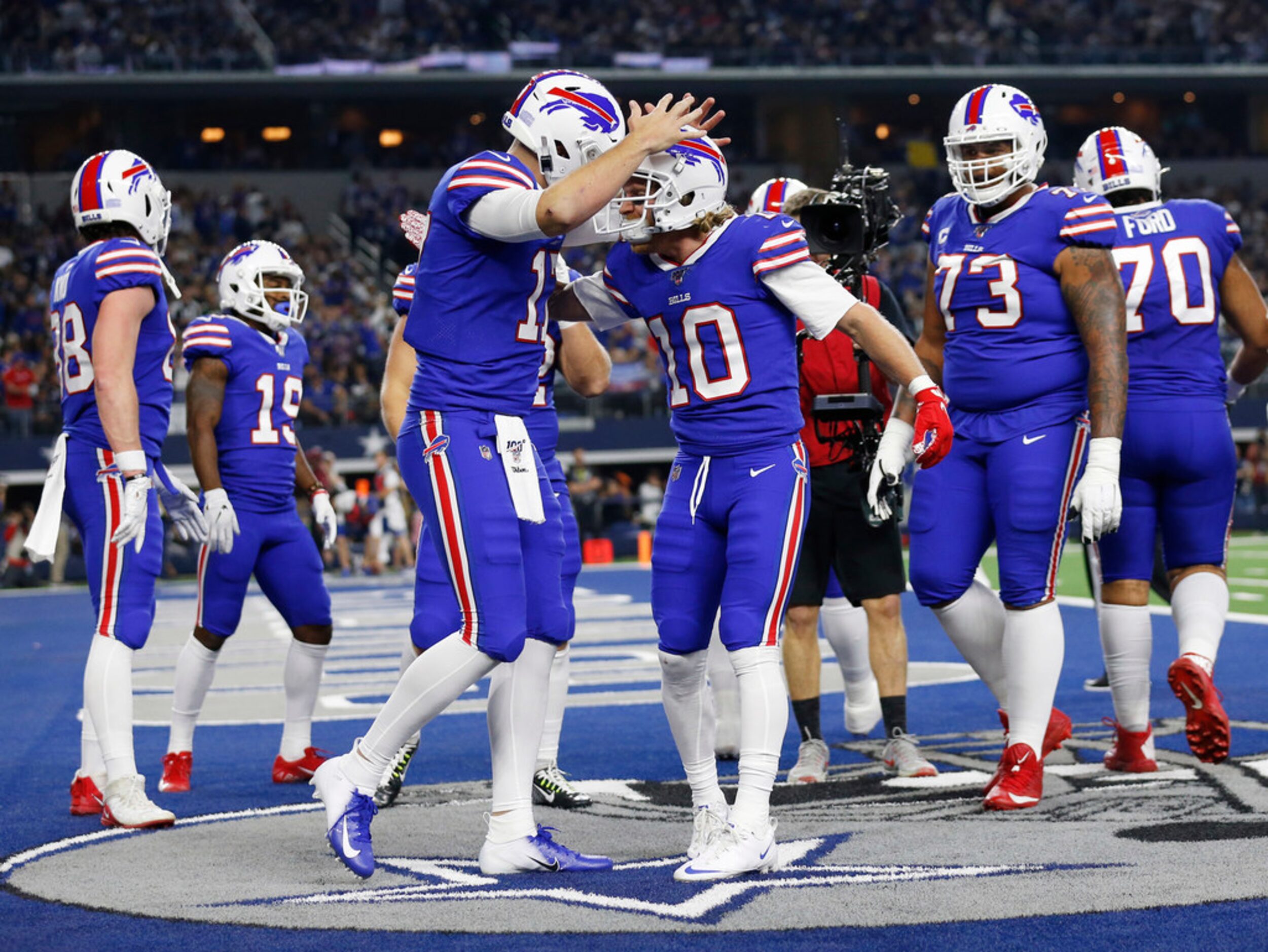 Buffalo Bills quarterback Josh Allen (17) and Buffalo Bills wide receiver Cole Beasley (10)...