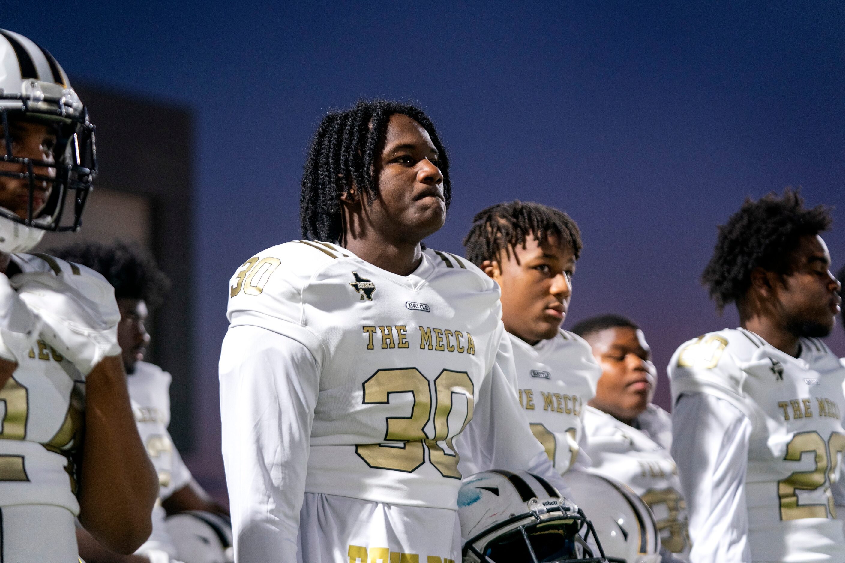 South Oak Cliff senior sophomore linebacker Kelvion Williams (30) waits to take the field...