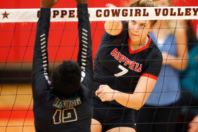 Coppell's Pierce Woodall delivers a winning shot in a recent District 6-6A match against...