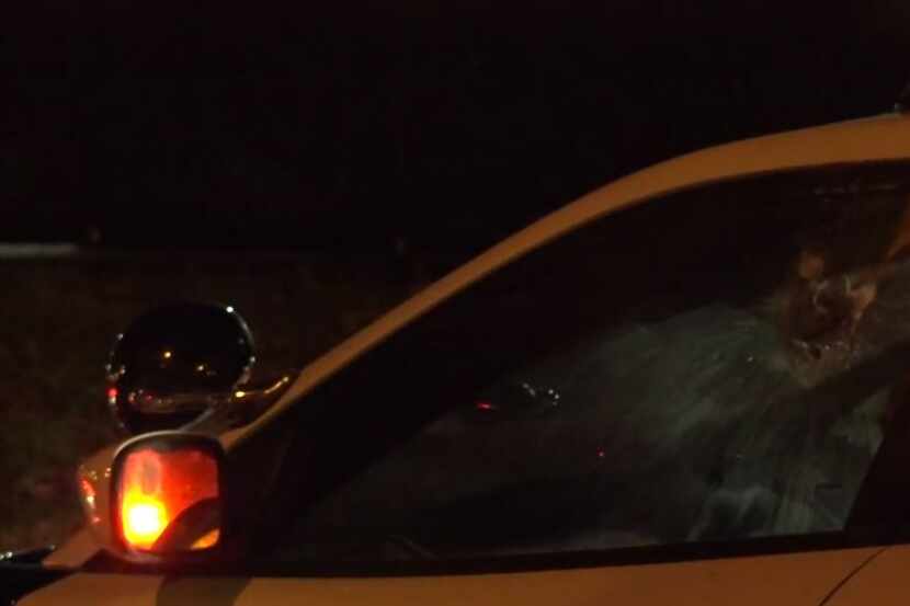 A Dallas police squad car's driver's-side window was damaged by fireworks Thursday night in...
