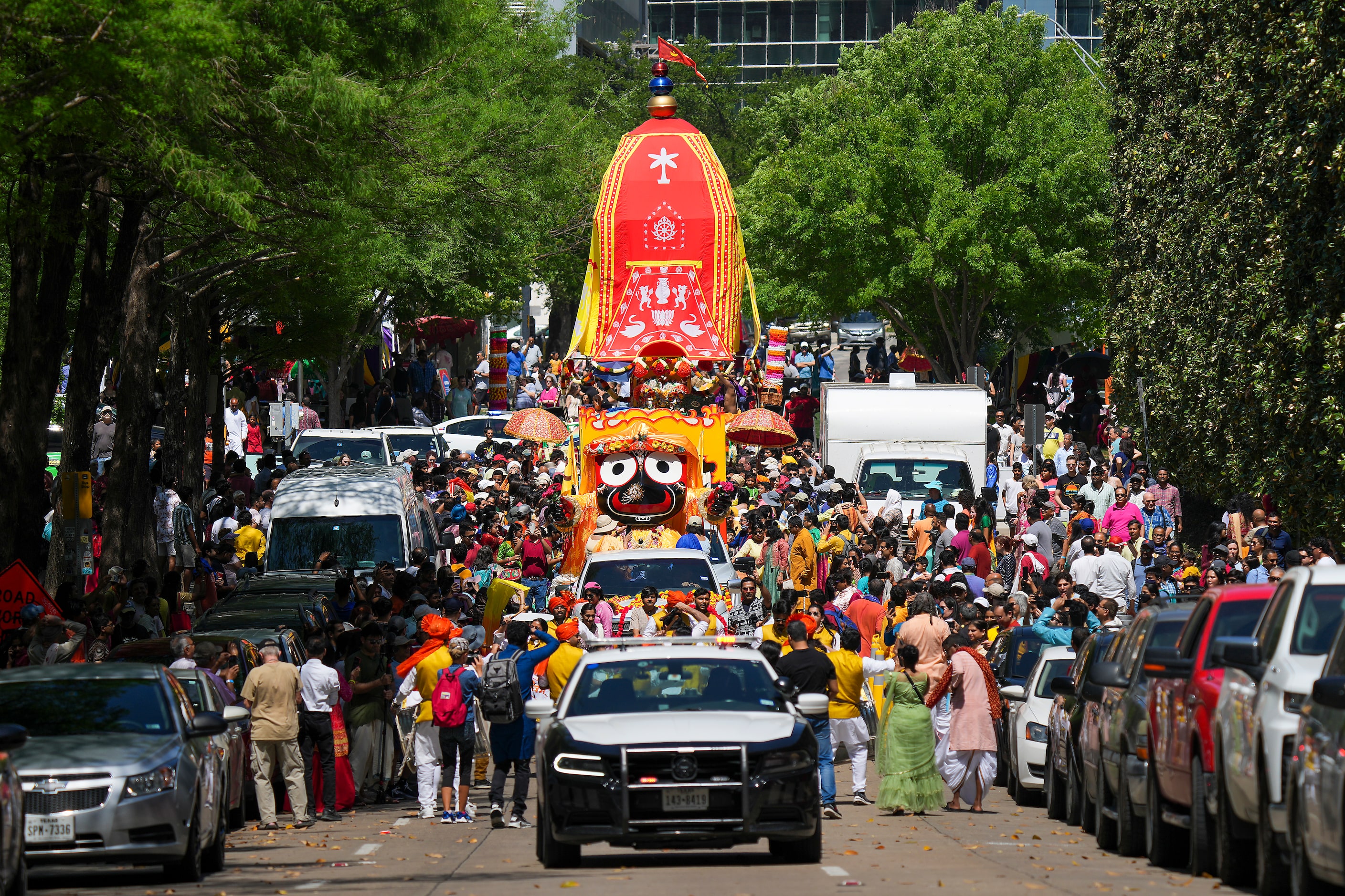 The  Ratha Yatra parade parade moves up Harwood Street during the Festival of Joy on...