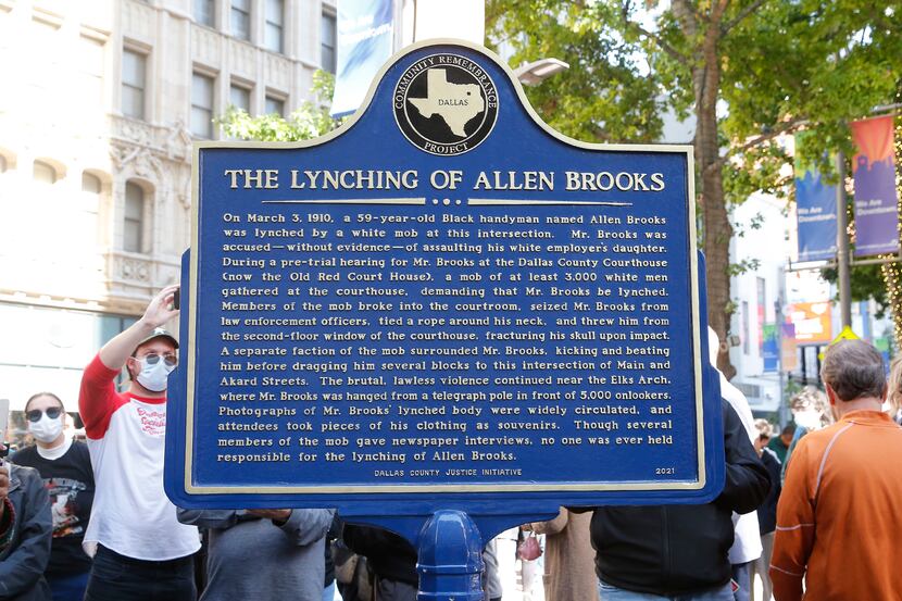 The marker commemorating the lynching of Allen Brooks was dedicated at Pegasus Plaza in...