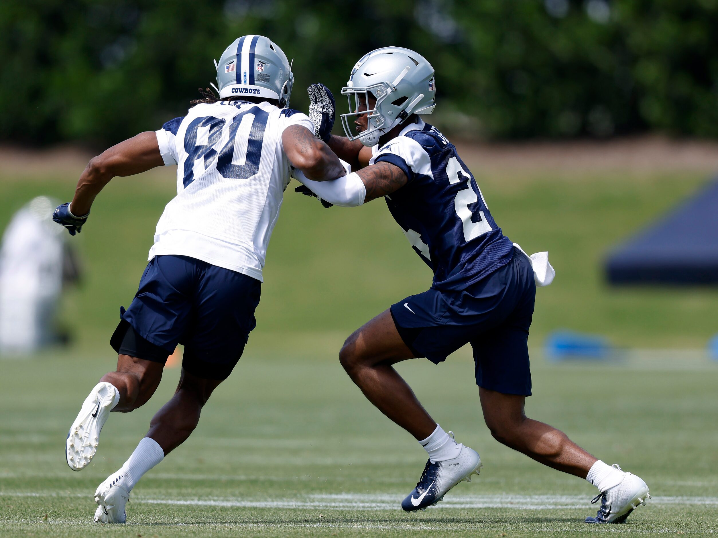 Dallas Cowboys rookie corner back Kelvin Joseph (24) covers rookie wide receiver Brandon...