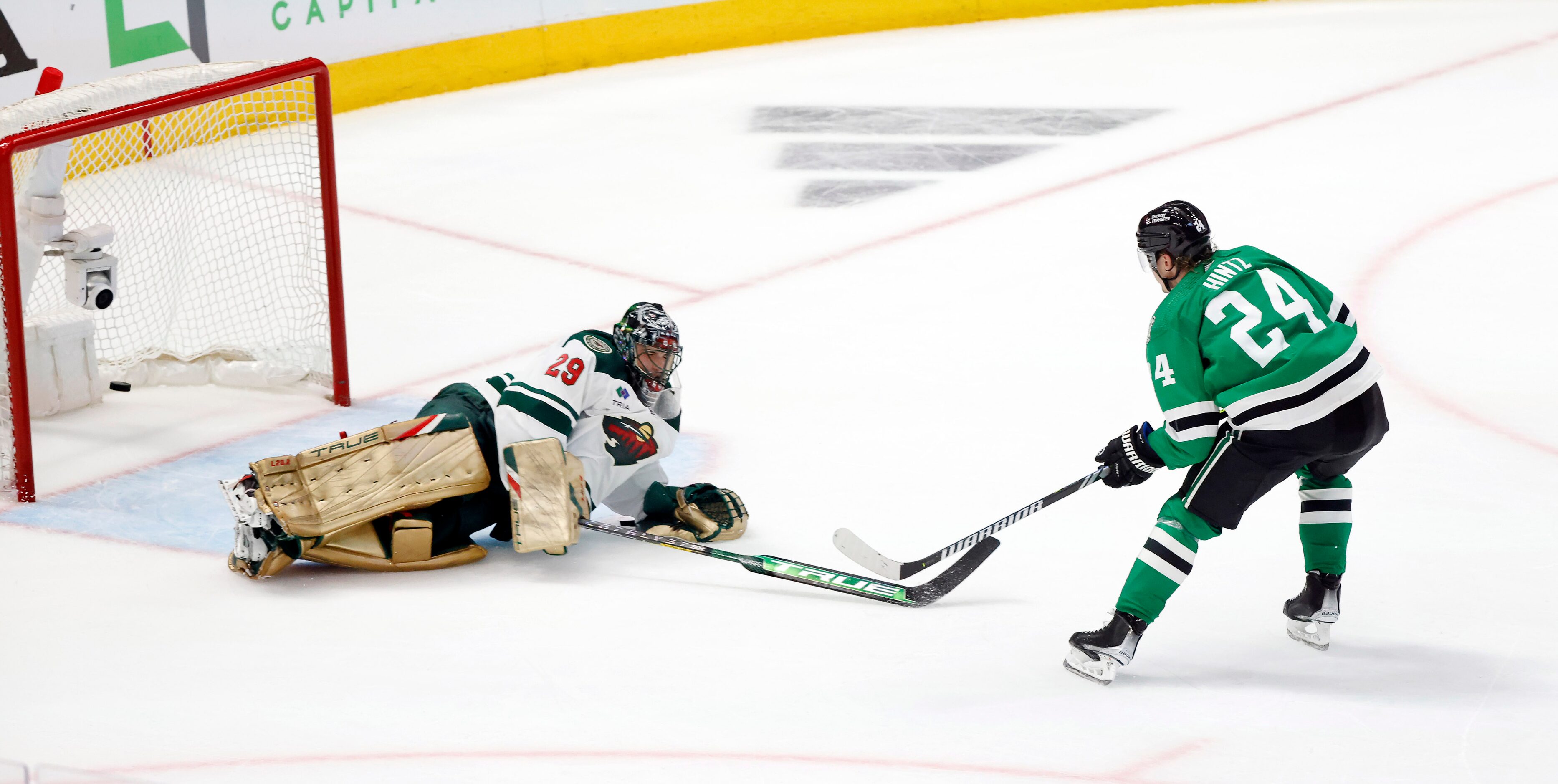 Dallas Stars center Roope Hintz (24) scores on Minnesota Wild goaltender Marc-Andre Fleury...