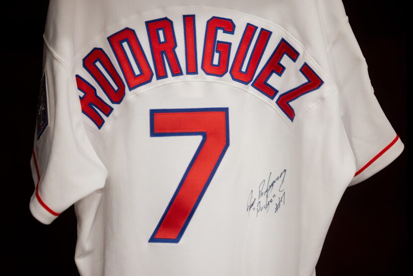 A 1995 MLB All-Star baseball jersey worn by Iván Rodríguez on display in the Rangers’s old...