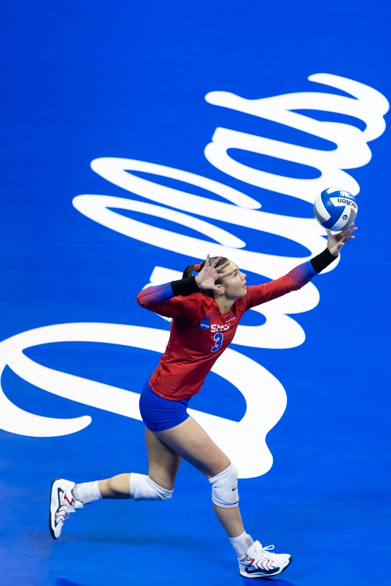 SMU’s Celia Cullen serves the ball during an NCAA college volleyball game against Missouri...