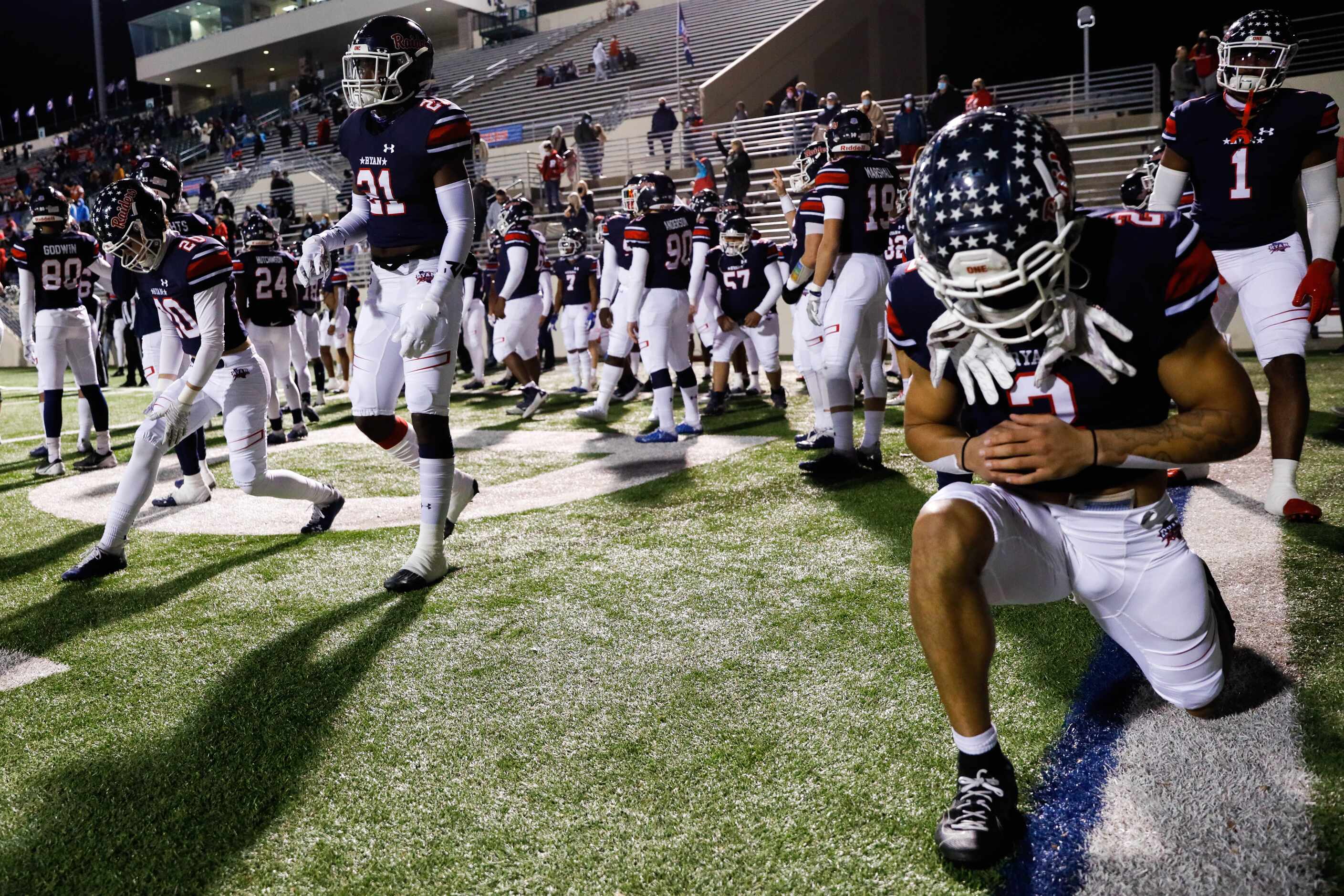 Denton Ryan's stretch before the start of a football game against Frisco Lone Star at the...