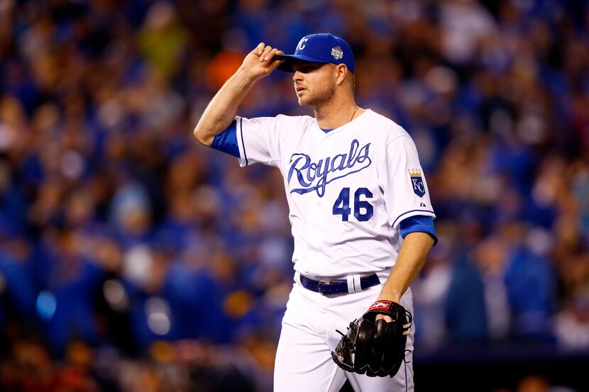 KANSAS CITY, MO - OCTOBER 27:  Ryan Madson #46 of the Kansas City Royals reacts in the...