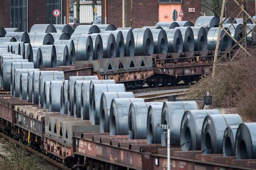DUISBURG, GERMANY - MARCH 05: Coils are stored on trains in front of the ThyssenKrupp steel...