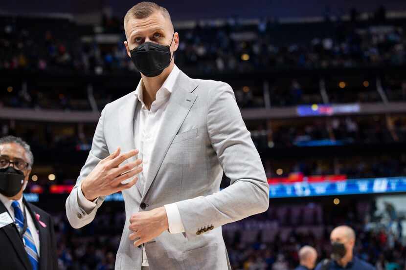 Dallas Mavericks center Kristaps Porzingis (6) walks out after an NBA game against the San...