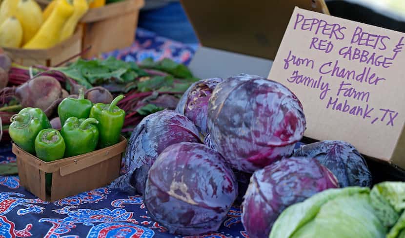 Peppers, beets and red cabbage at the farmers market at Paul Quinn College in Dallas.
