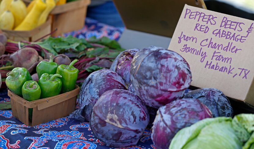 Peppers, beets and red cabbage at the farmers market at Paul Quinn College in Dallas.