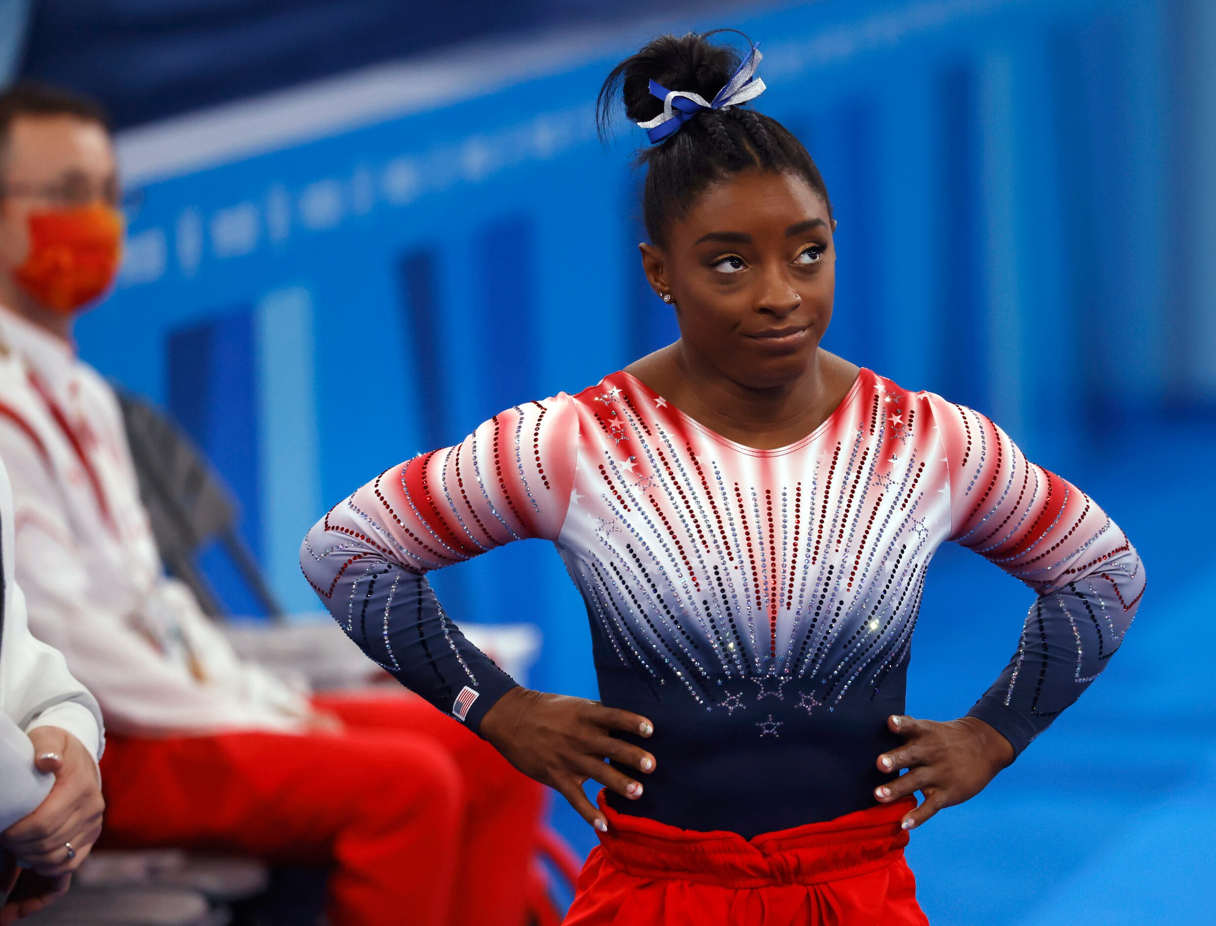 USA’s Simone Biles before competing in the women’s balance beam final at the postponed 2020...