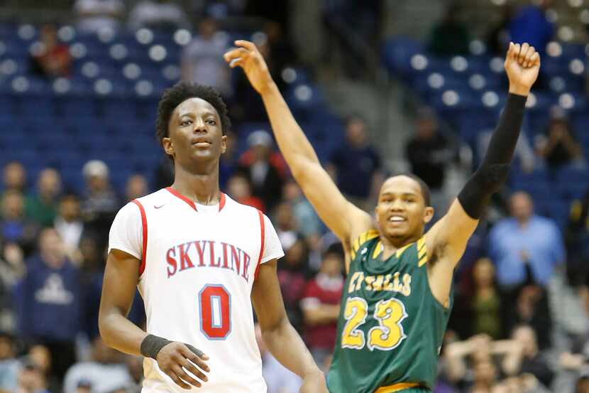 Dallas Skyline's Marcus Garrett (0) watches his last shot go wide at the end of the game as...
