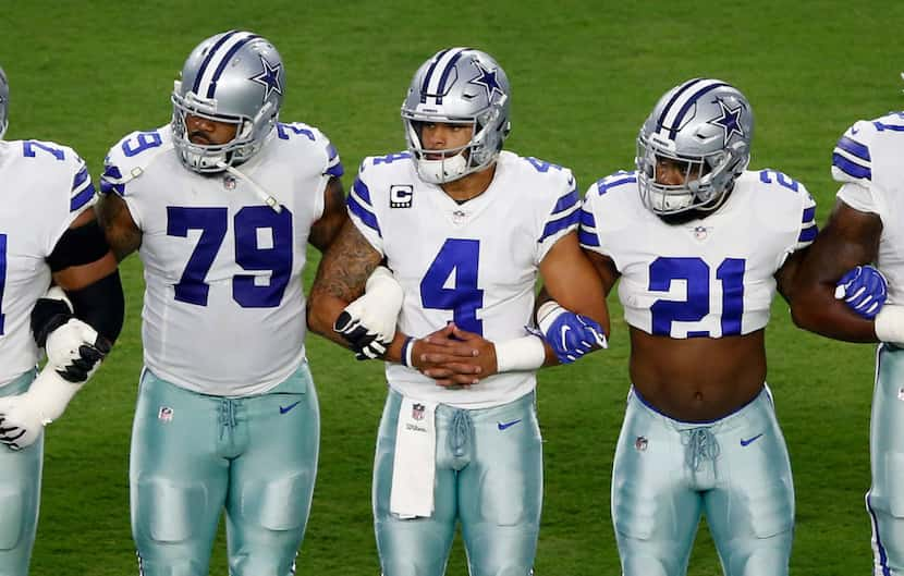 Dallas Cowboys offensive guard Chaz Green (79), Dallas Cowboys quarterback Dak Prescott (4),...