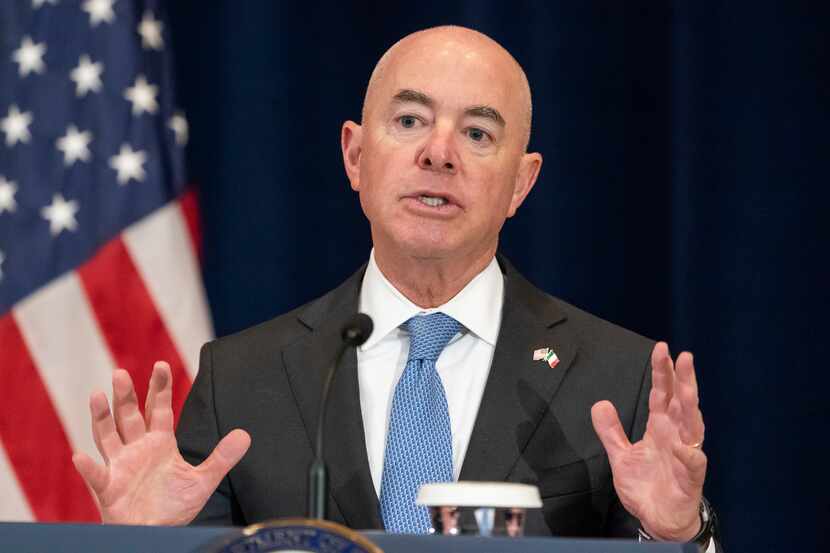 Homeland Security Secretary Alejandro Mayorkas speaks during a news conference during the...