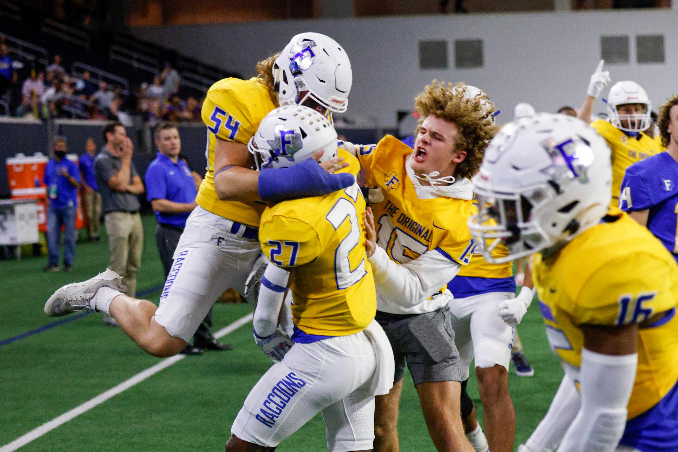 Frisco offensive lineman JT Fuller (54) celebrates a fumble recovery during a punt return...