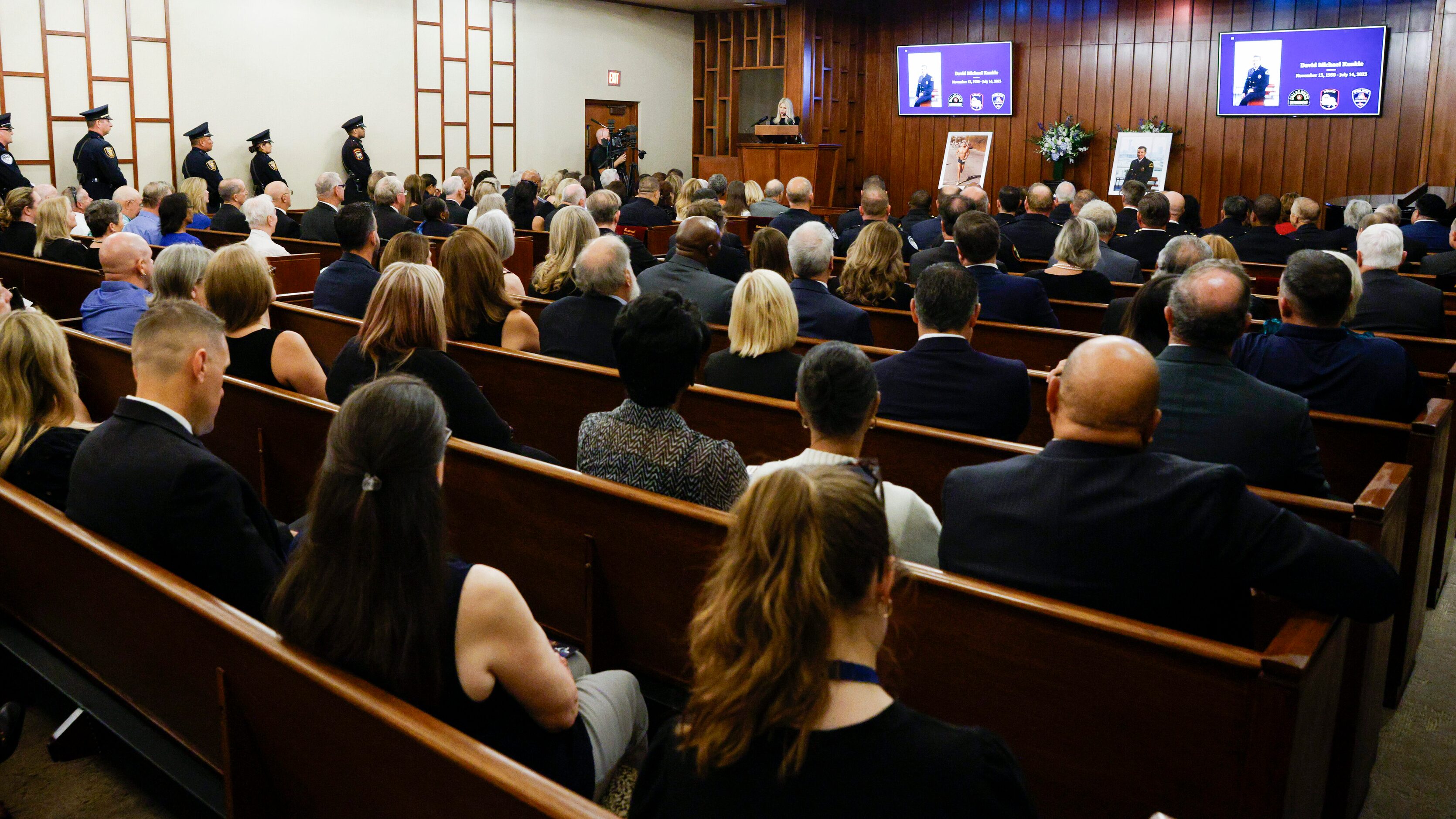 Sarah Dodd eulogizes her husband and former Dallas police Chief David Kunkle during a...