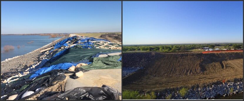  The slide area before (left) and after (right) repairs started (U.S. Army Corps of Engineers)