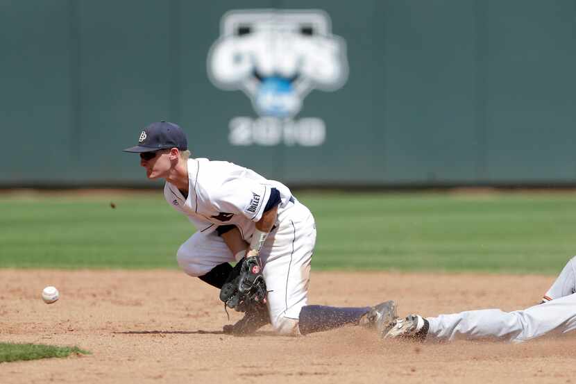 Sam Houston St. infielder Corey Toups (6) reaches second in front of Dallas Baptist...
