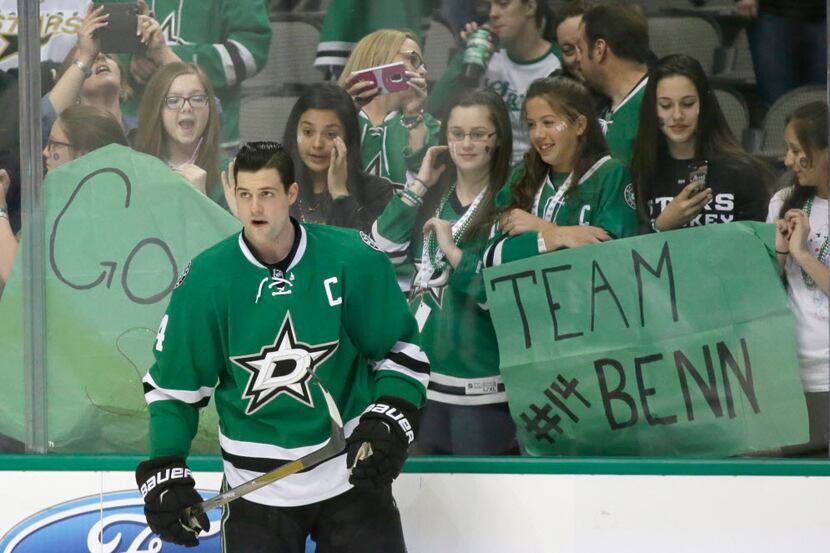 FILE - In this March 4, 2016, file photo, Dallas Stars left wing Jamie Benn (14) skates the...
