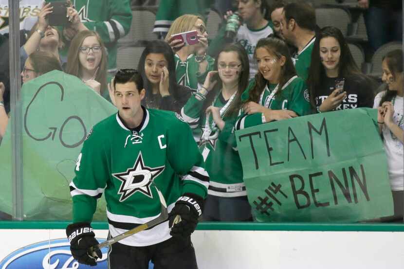FILE - In this March 4, 2016, file photo, Dallas Stars left wing Jamie Benn (14) skates the...