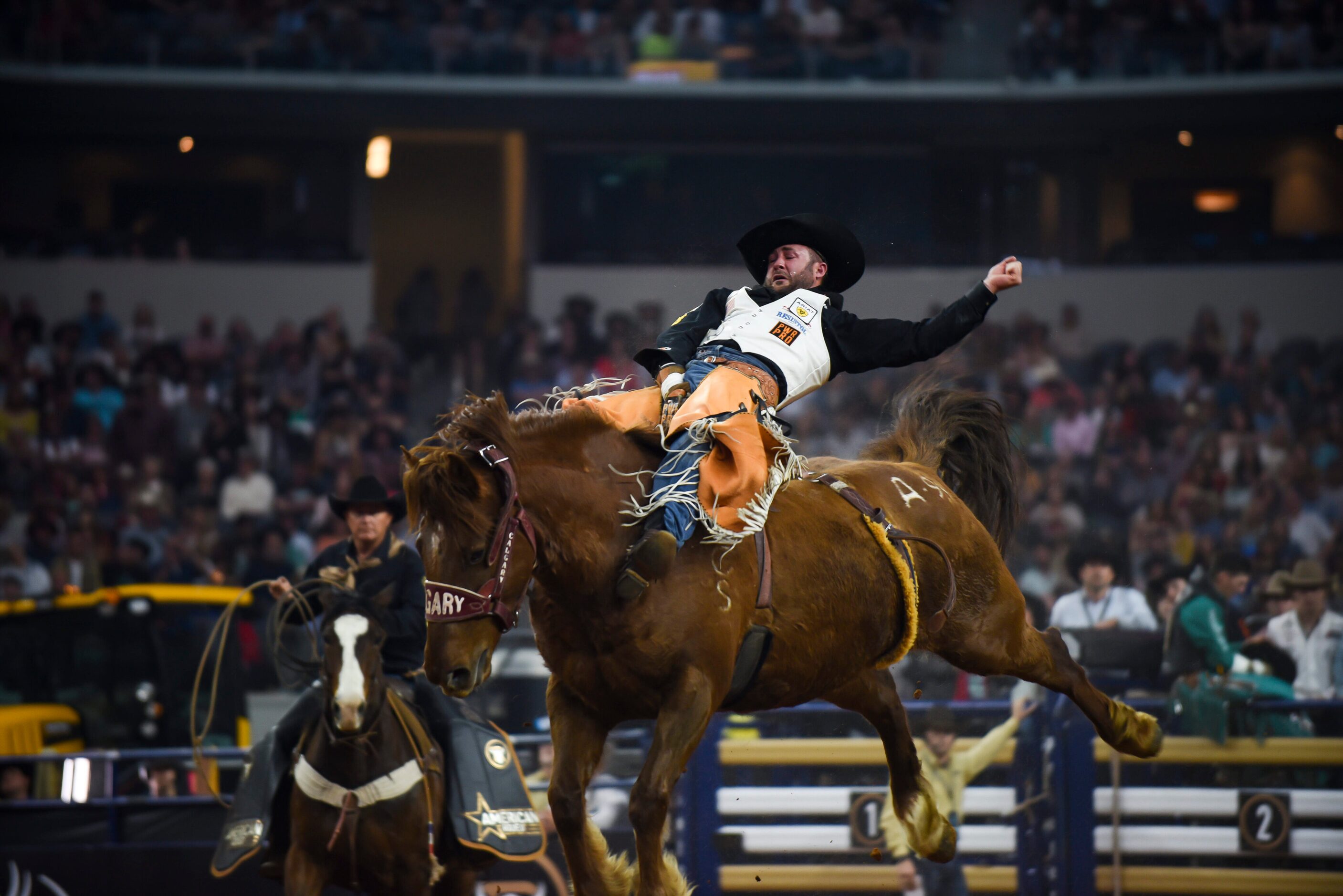 Kaycee Field attempt to stay on his horse as a part of the Bareback Bronc event during the...