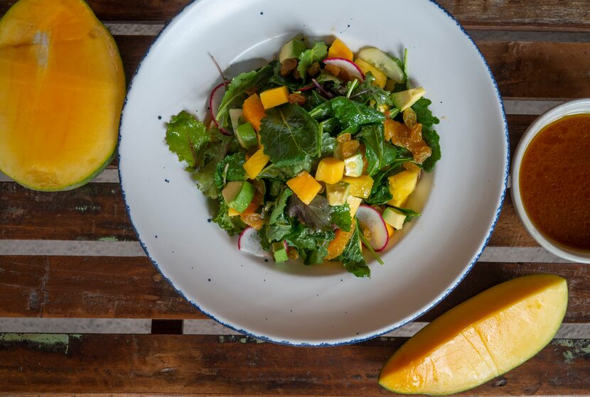 Kale salad with mango vinaigrette made by chef Nico Sanchez at Meso Maya restaurant.