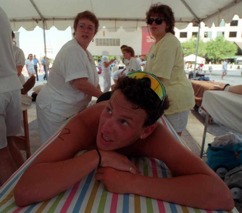 At age 16, Lance Armstrong of Plano gets a rub down. He was the first one across the finish...