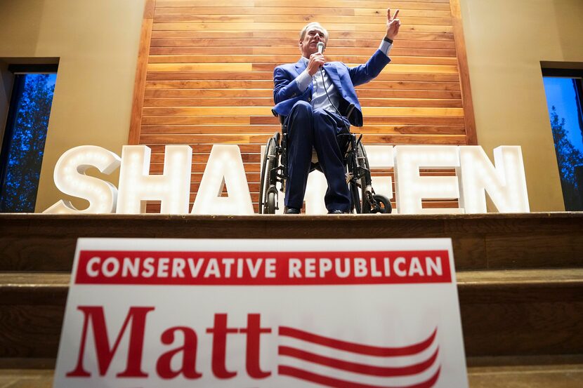 Texas Gov. Greg Abbott addresses supporters during at a campaign event for state Rep. Matt...