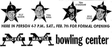Advertisement for the opening celebration of Mickey Mantle Bowling Center (Feb. 5, 1959).