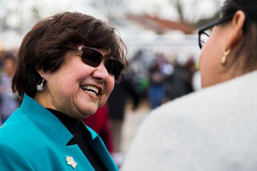 Gubernatorial candidate and former Dallas County Sheriff Lupe Valdez talks with a supporter...