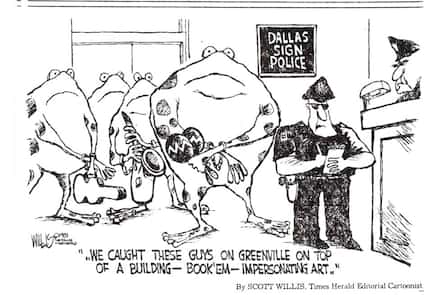 An editorial cartoon from 1983 shows the 'Tango Frogs' being arrested for 'impersonating art.'