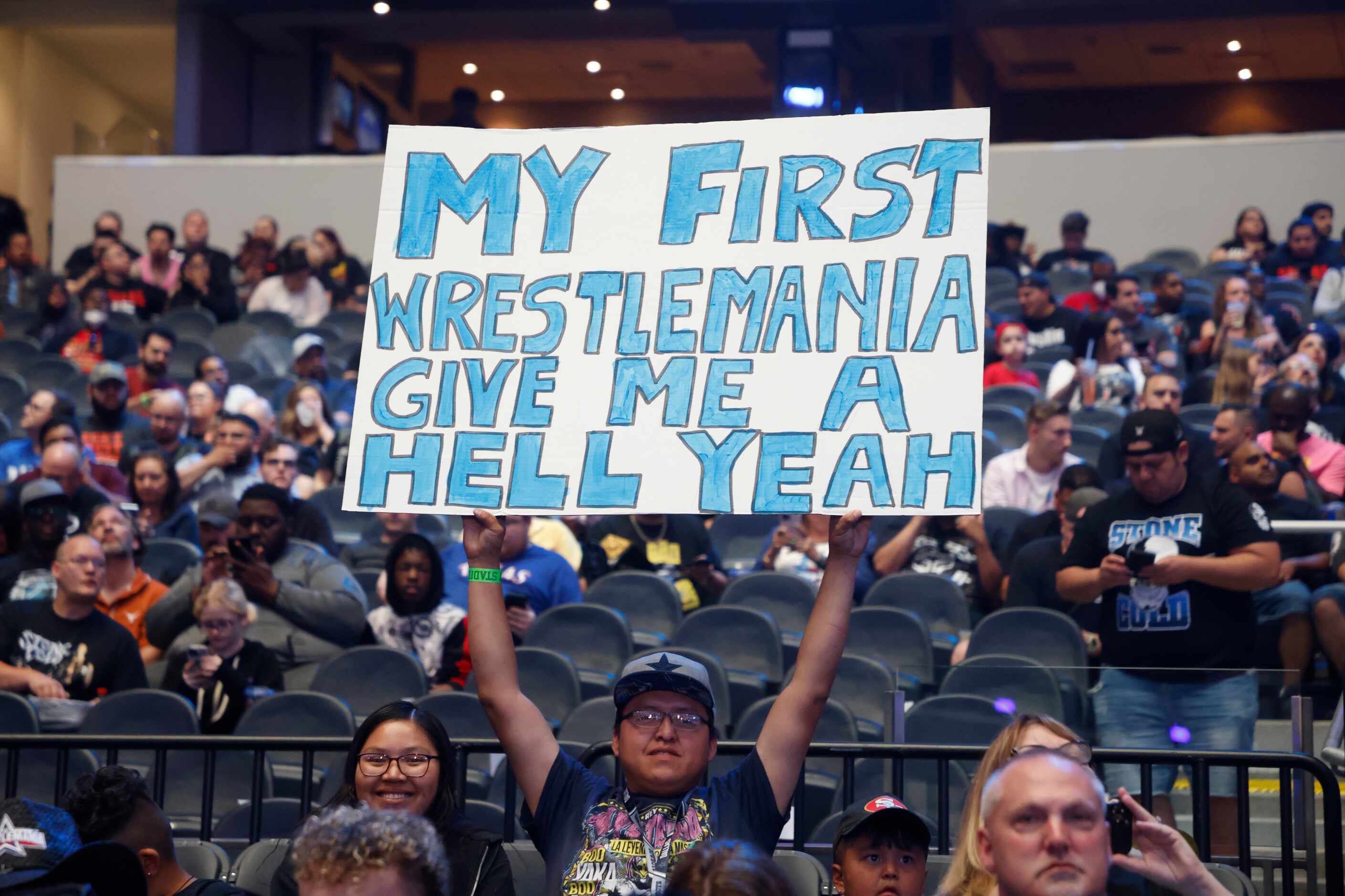 Ethan Castillo of Torreon NM, shows his exuberance prior to WrestleMania in Arlington, Texas...