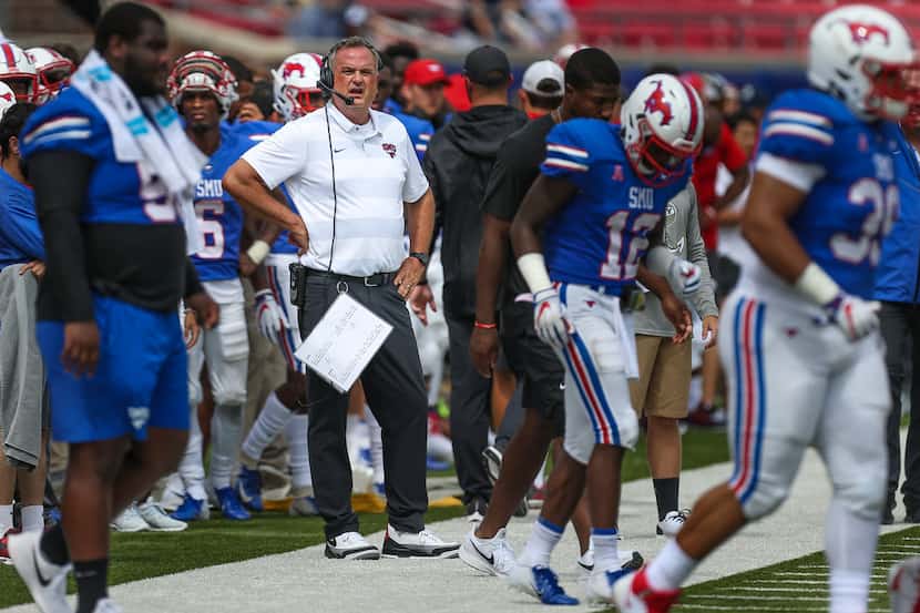 SMU  head coach Sonny Dykes watches from the sidelines during an NCAA college football game...