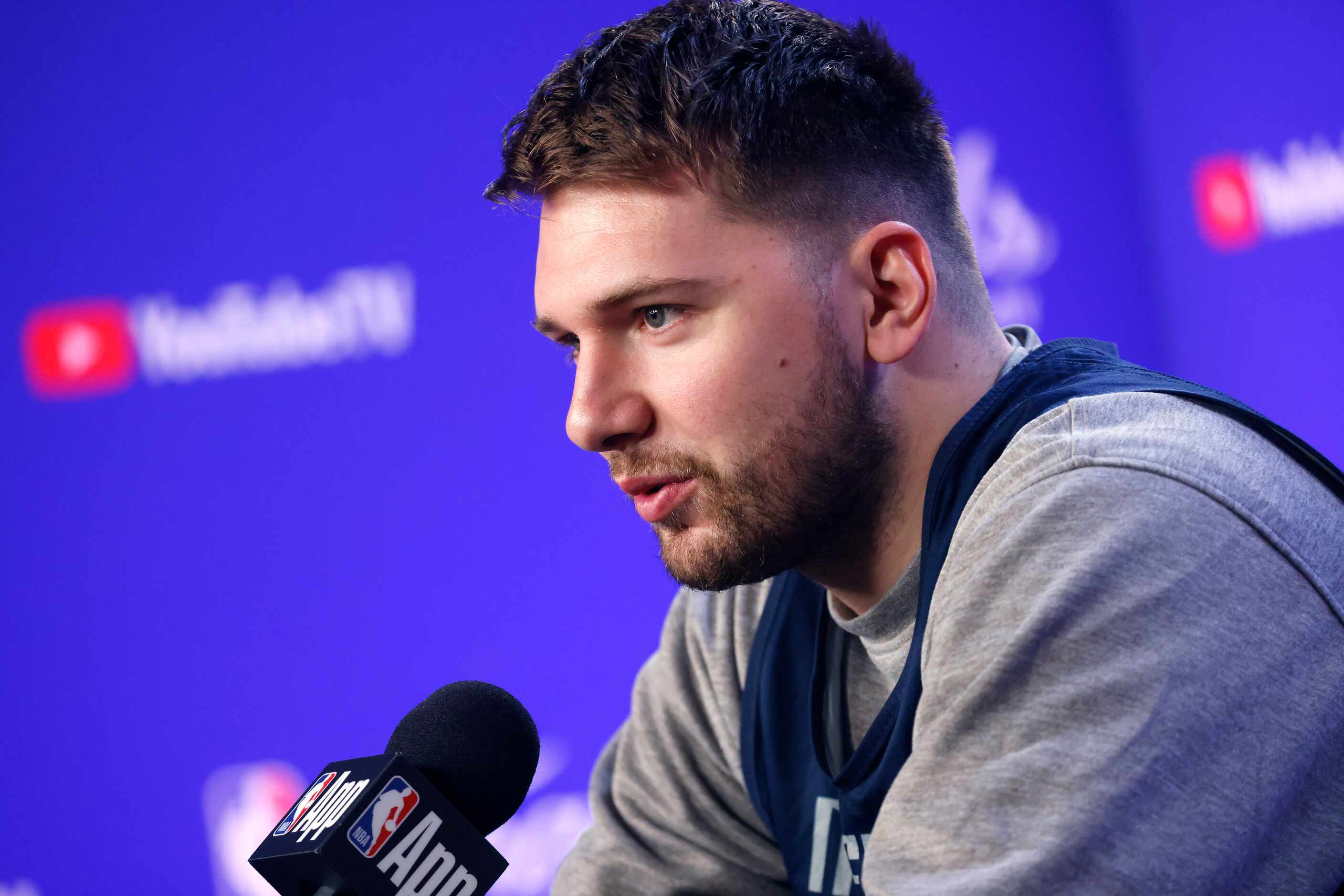 Dallas Mavericks player Luka Doncic answers questions from the media during a NBA Finals...