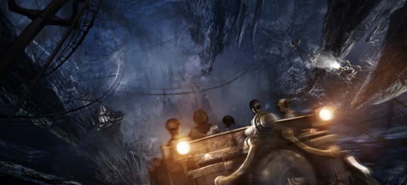 A rendering shows the thrill ride Harry Potter and the Escape from Gringotts, an indoor ride...