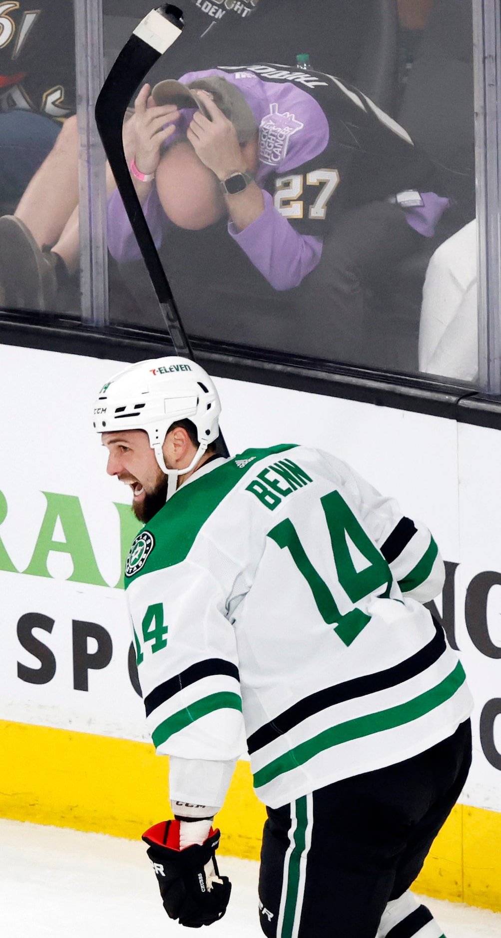 Dallas Stars left wing Jamie Benn (14) celebrates his third period goal against the Vegas...