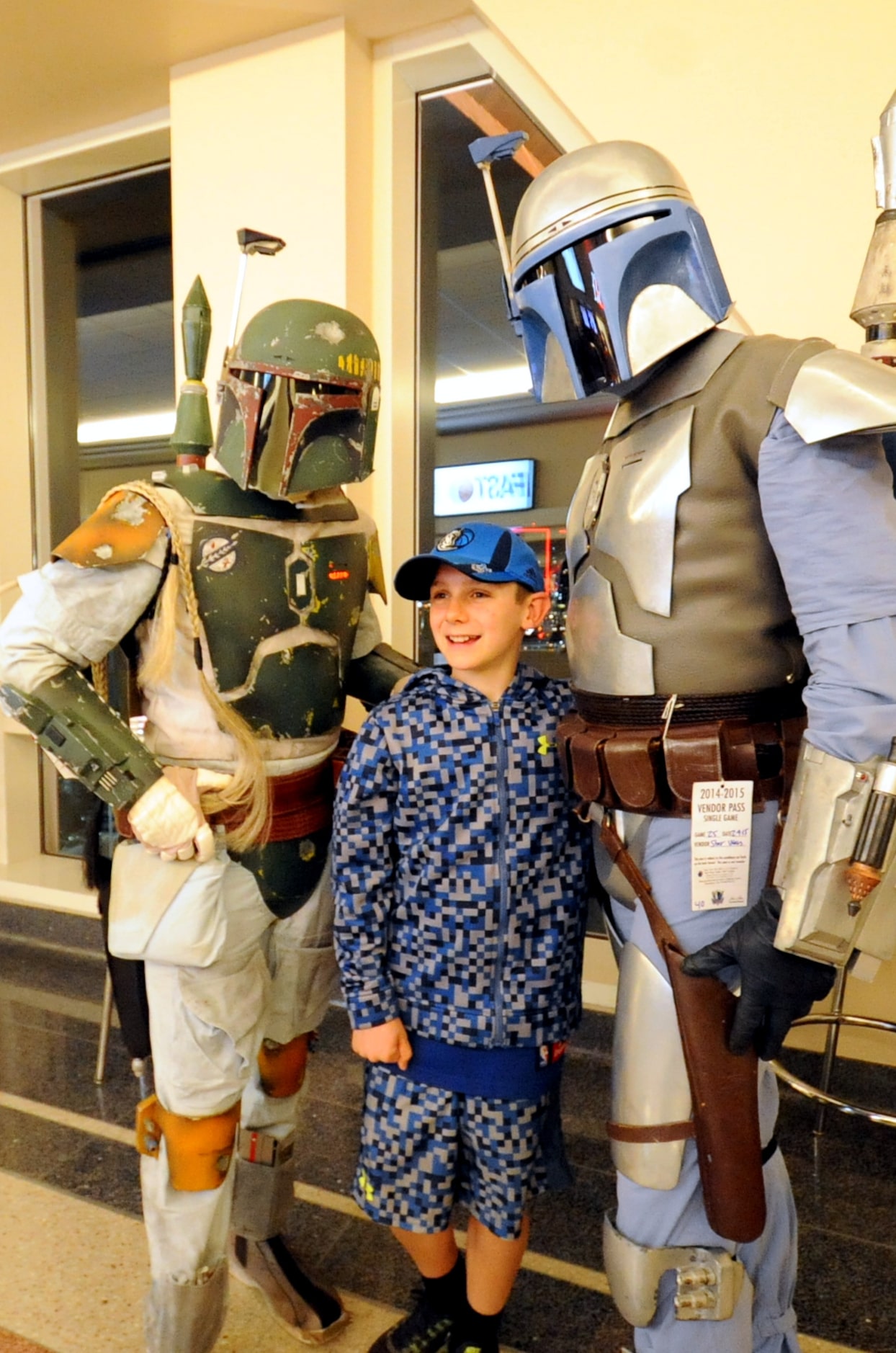 Luke Killian meets Boba Fett and Jango Fett at Star Wars night at the Dallas Mavericks...