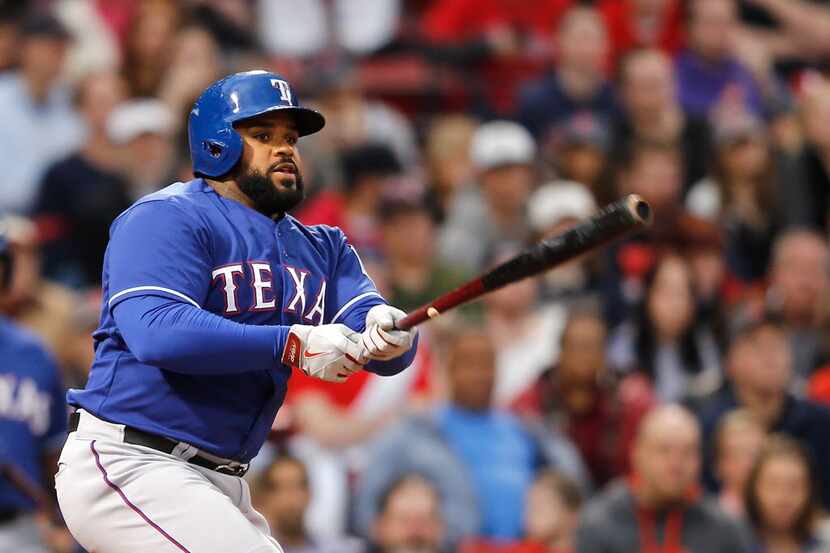 BOSTON, MA - APRIL 8: Prince Fielder #84 of the Texas Rangers doubles in a run in the 3rd...