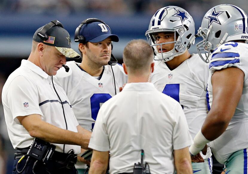 (From left) Dallas Cowboys offensive coordinator Scott Linehan, backup quarterback Tony Romo...