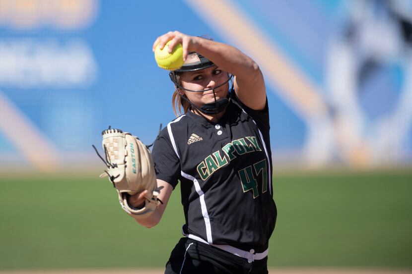 Cal Poly pitcher Krystyna Allman delivers a pitch during an NCAA softball game against...