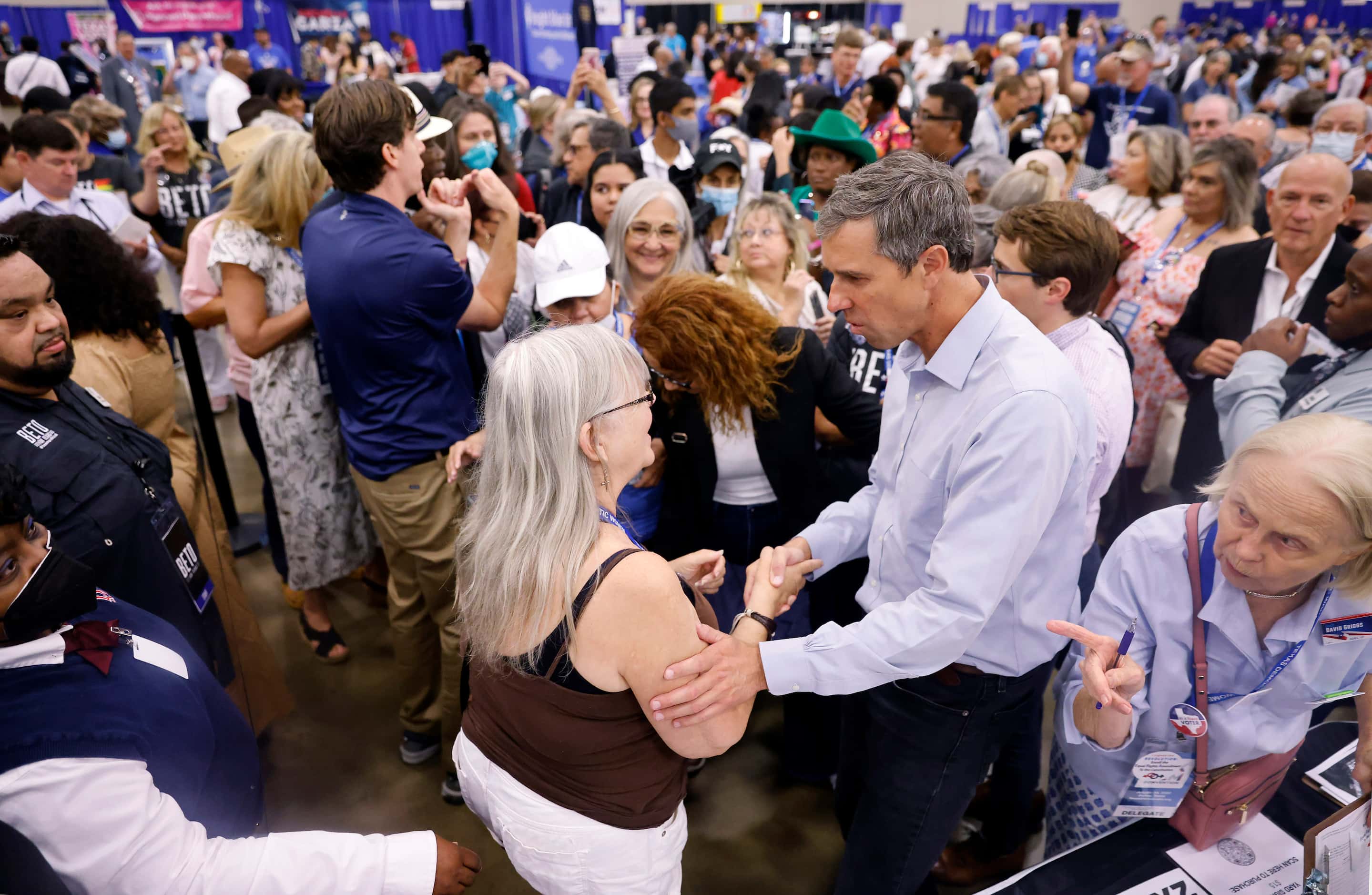 Democratic gubernatorial challenger Beto O'Rourke greets Monica Florence of Frost, Texas as...