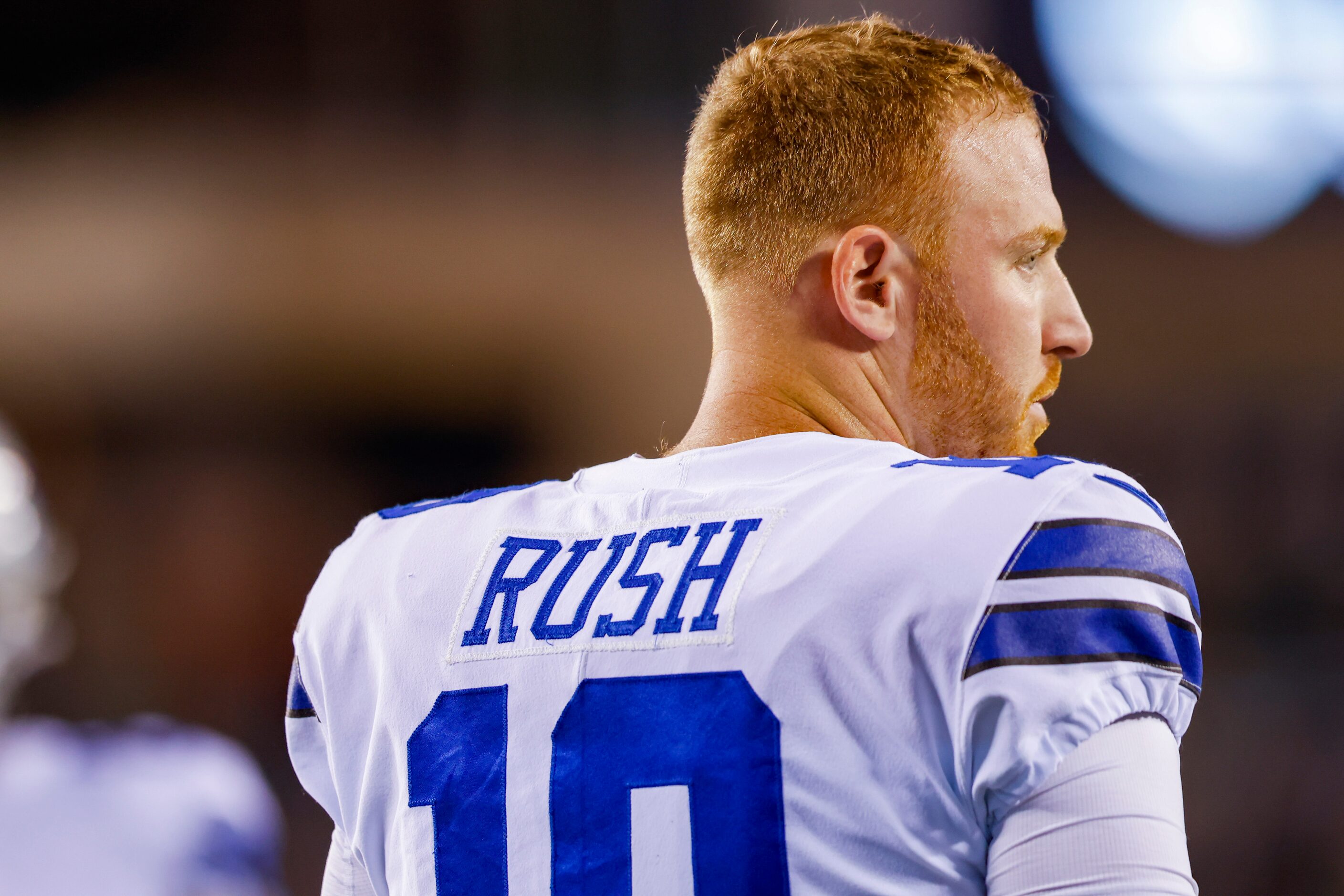 Dallas Cowboys quarterback Cooper Rush (10) on the field during warmups before the start of...