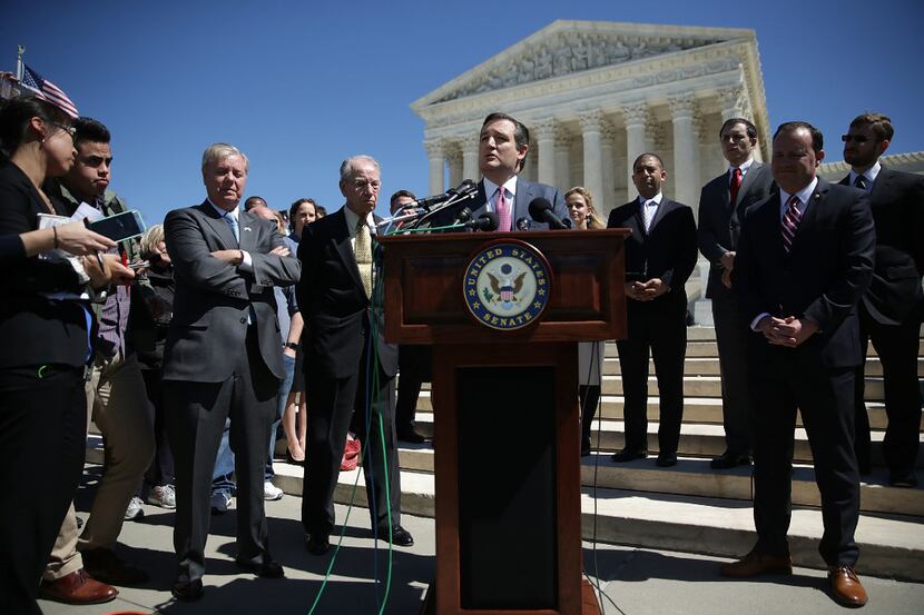 WASHINGTON, DC:  U.S. Sen. Ted Cruz (R-TX) speaks at a press conference on the steps of the...