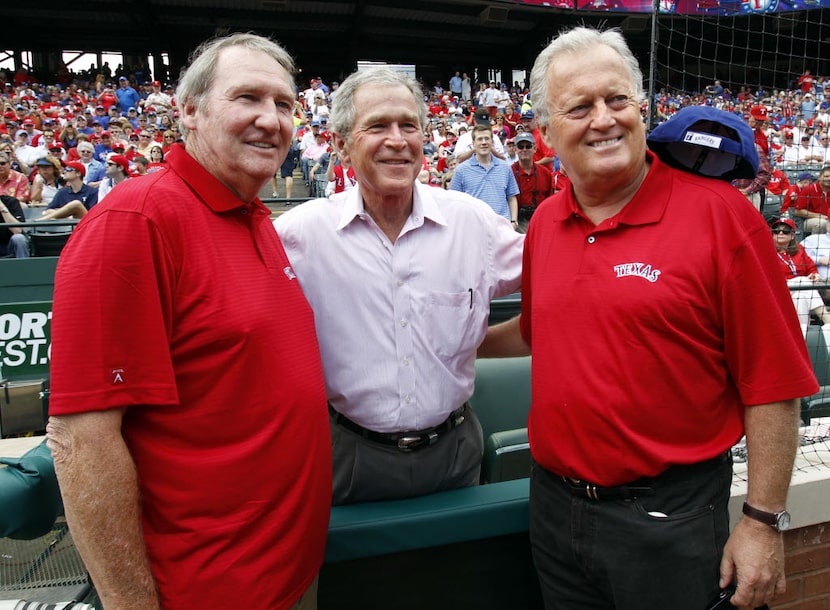 Texas Ranger legends Charlie Hough (left) and Jeff Burroughs (right) pose with former...