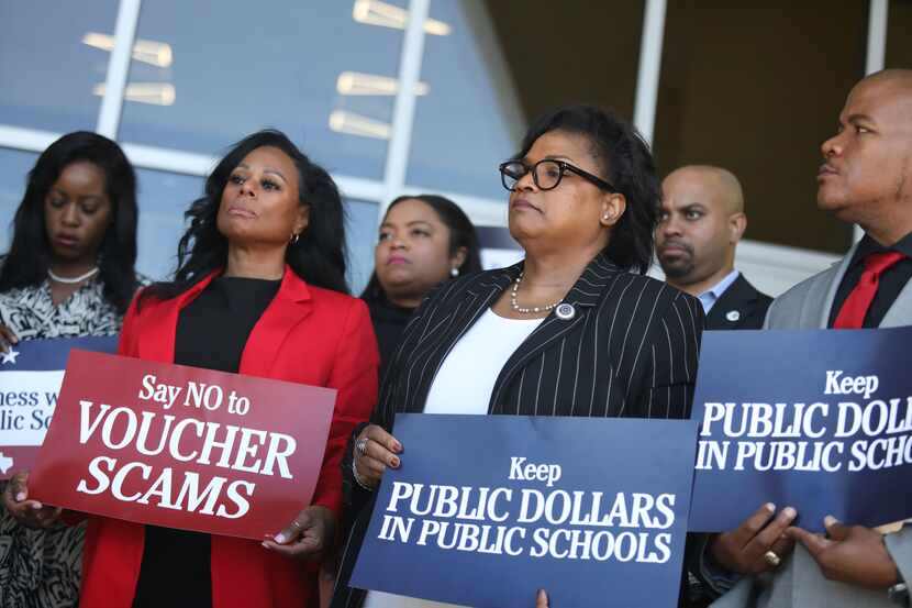 Texas House Democrats and others rally against using public money for private schools during...