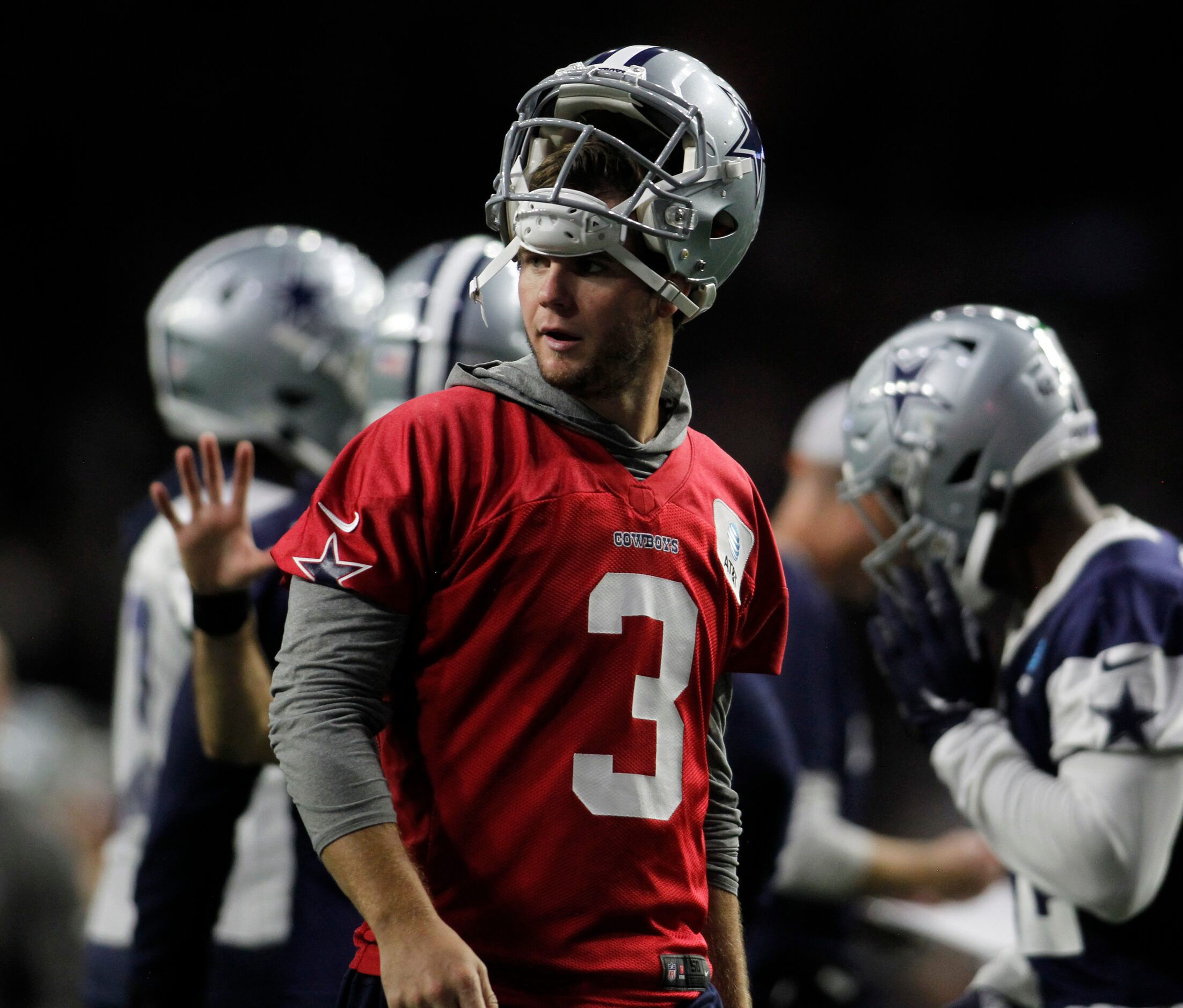 Dallas Cowboys backup quarterback Garrett Gilbert (3) leaves the field after taking reps...